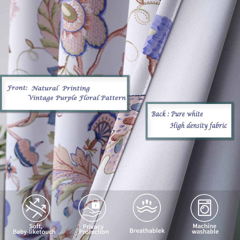 Wistown Blackout Farmhouse Branch Blossom Floral Curtains Grommet Top Room Darkening Drapes for Bedroom, Living Room, Dining Room, Purple, 52 by 63 inch, 1 Panel