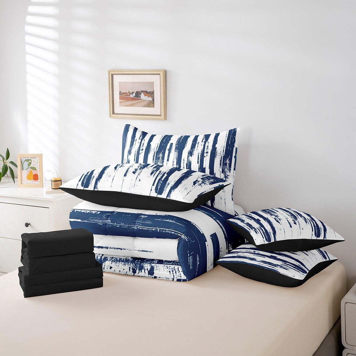 Erosebridal 7Pcs Navy Blue King Comforter Set,Teal Geometric Stripes Striped Abstract Bed in A Bag,Modern Art Aesthetic Quilt Set with Pillowcases,Watercolor Graffiti Ink Bedding with Bed Sheets