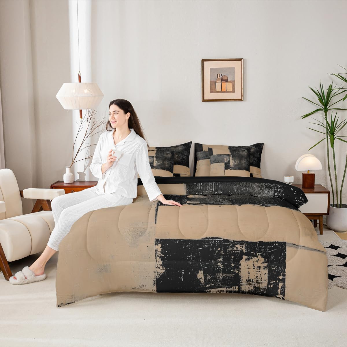 Feelyou Abstract Comforter Set with Sheets 7 Piece King Size Modern Abstract Art Bed in a Bag Kids Boys Girls Luxury Bedding Set Geometric Bedroom Decor Black Brown Soft Lightweight Microfiber