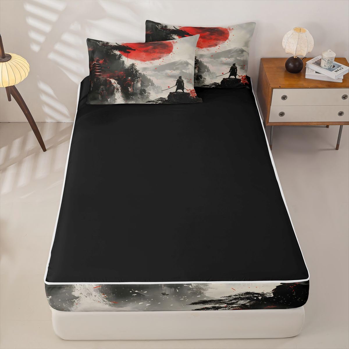 Erosebridal Japanese Samurai Zipper Bedding Black Dragon Twin Bed in a Bag Set for Boys Girls Teen Red Sun Mountain Kids Comforter Set with Fitted Sheet Retro Ink Painting Style Zip Up Bedding