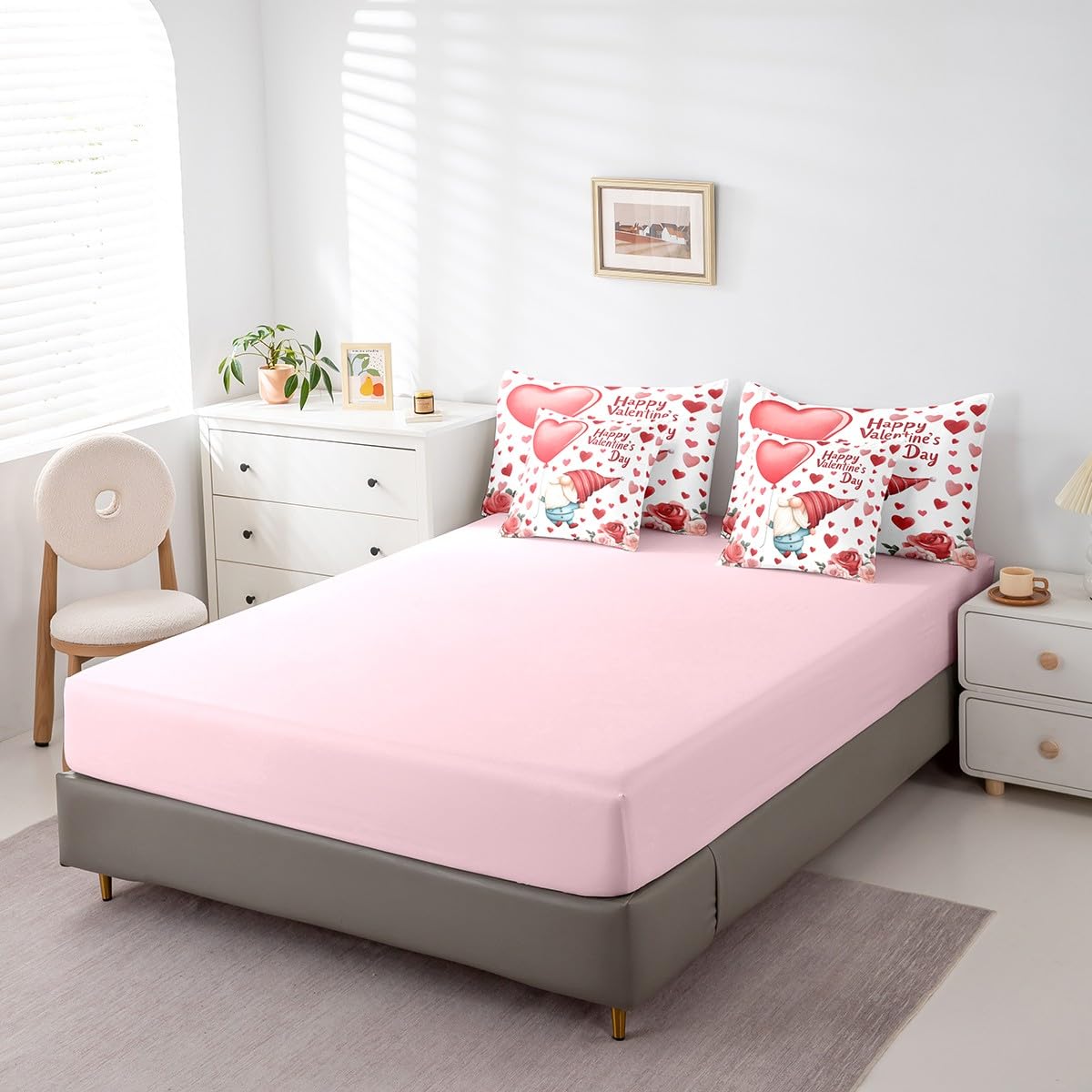 Erosebridal Valentines Gnome Queen 7 Piece Comforter Set with Sheets - Cute Gnomes Red Rose Floral Bedding Sets, Romantic Love Bed Set with Fitted + Flat Sheet for Kids Girls Women Room Decor