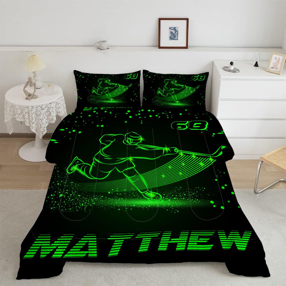WAZARO Custom Amazing Ice Hockey Comforter Set, Personalized Hockey Bedding Twin Full Queen King, Hockey Decorations for Boys Room Bedspreads Sport Home Decor (Green Hockey Art)