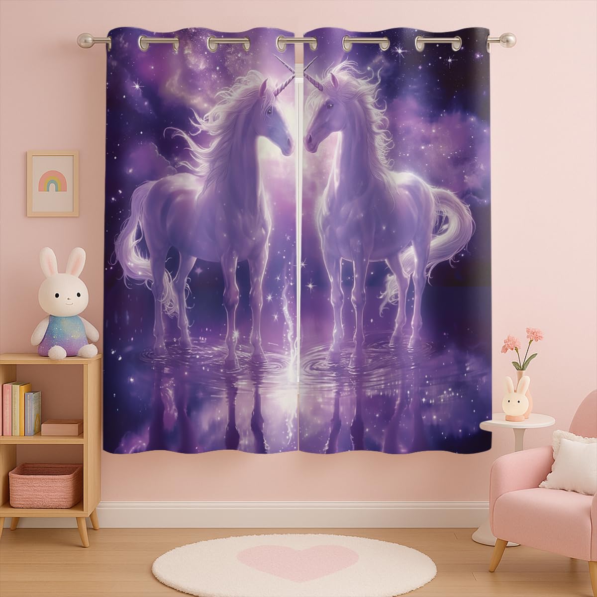 Starry Sky Unicorn Blackout Curtains for Girls Boys Kids Teens Home Decor, Pink Fantasy Stars Galaxy Grommet Thermal Insulated Drapes Darkening Window Curtain for Bedroom Living Room, 42 x 45 Inch
