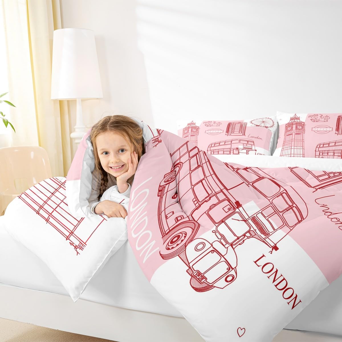 London Kids Comforter Set Queen Size,Telephone Booth Big Ben Bus Hand Painted Bedding Set,Boys Girls Adults Room Decor,Famous Urban Architecture Down Comforter,Romantic Duvet Insert,2 Pillowcases