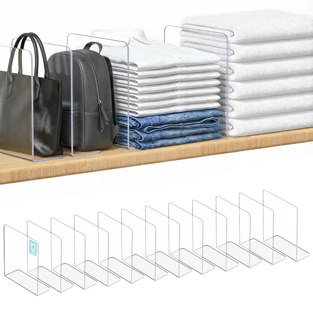OKPOW Shelf Dividers for Closet Organization: 12 Pack Durable Clear Acrylic Divider Organizer for Shelves - Vertical Adjustable Shelving Separators for Clothing Purse