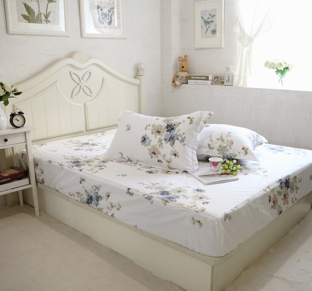 FADFAY 4-Piece Shabby White Floral Bed Sheet Set Cotton Bed Sheets, King