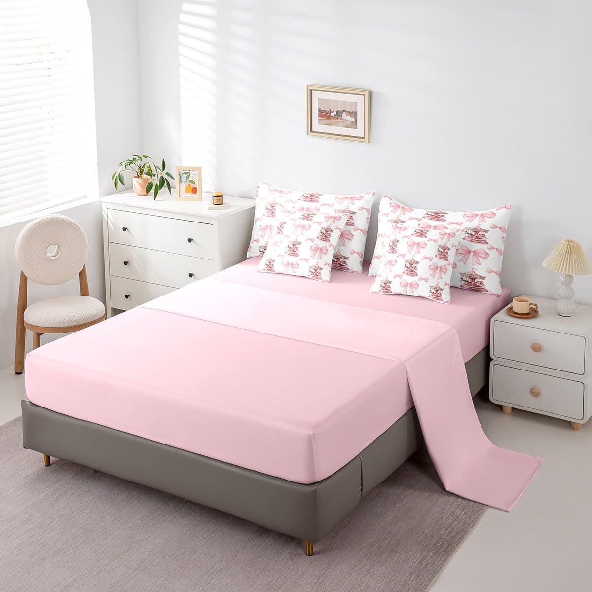 Erosebridal 7 Piece Girls Pink Princess Kids Comforter Set King Bed in a Bag,Romantic Bowknot Carousel Bedding Set for Kids Children,Dreamy Bows Duvet Insert,Cartoon Horse Geometric Sheet Set