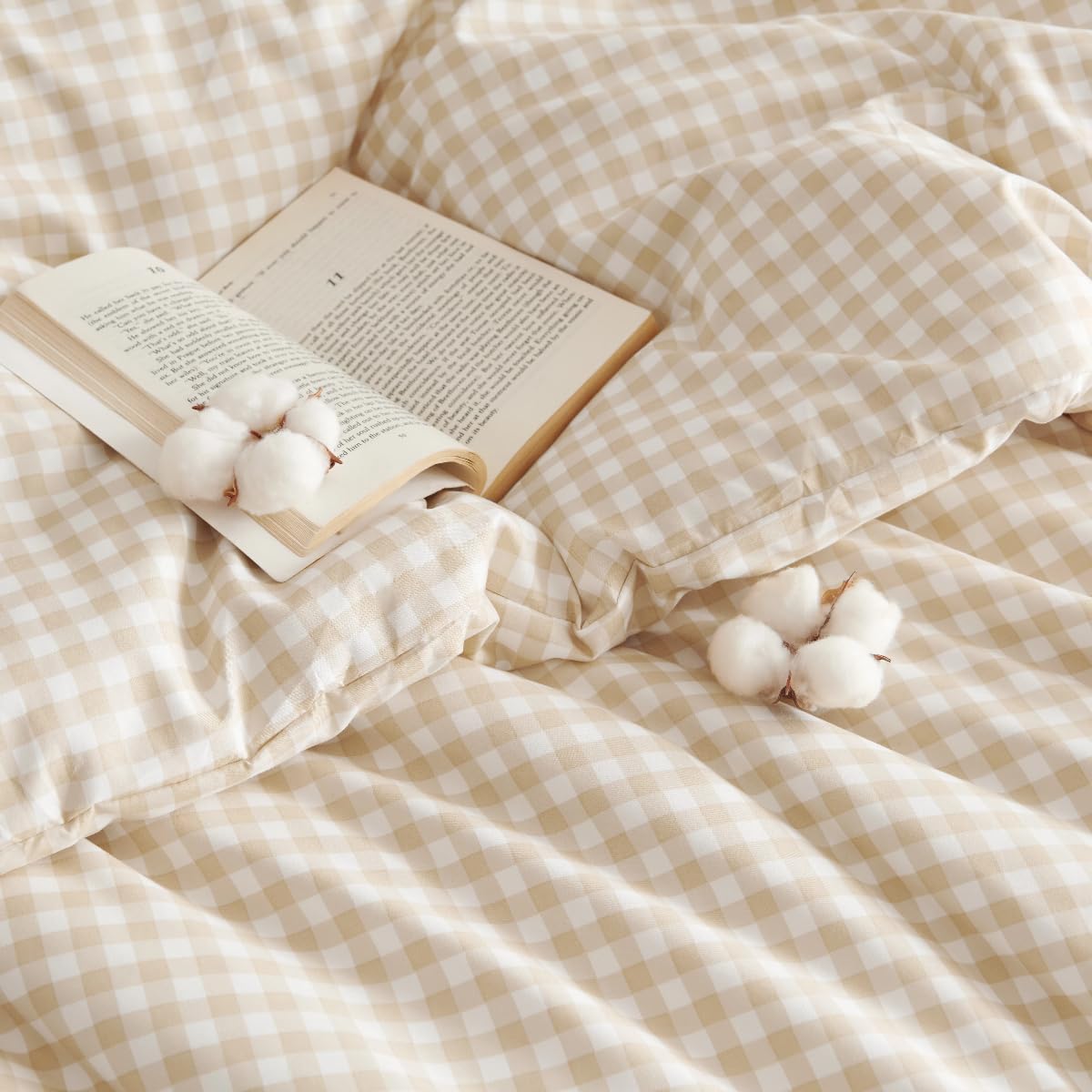 Erwinmu Gingham Comforter Set King Size - 3 Pieces Beige White Gingham Comforter Bedding Sets Checkered Pattern,Kingsize Bed in a Bag with Plaid Comforter and 2 Pillowcases