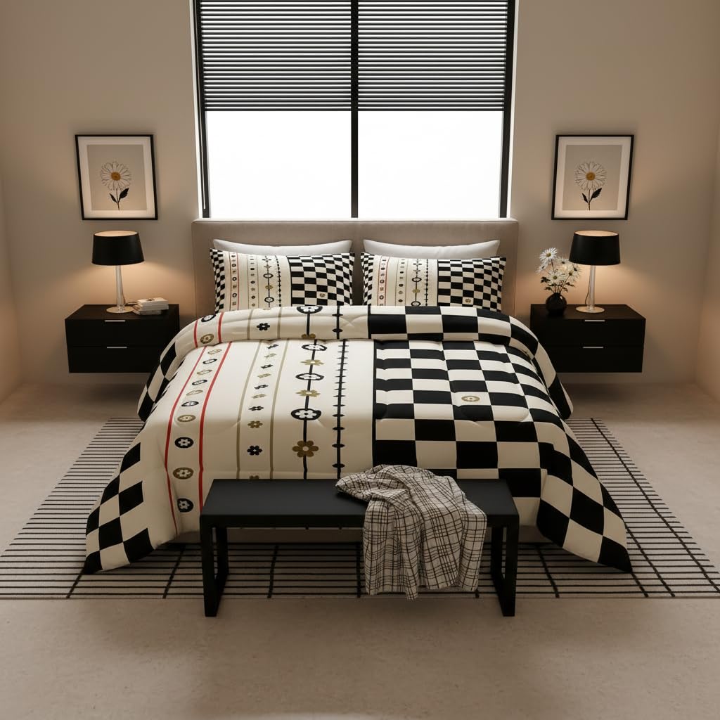 Manfei Geometric Grids Comforter Set Queen Size,Cute Daisy Flowers Abstract Bedding Set 3 Pcs for Teens Adults,Beige Black Stripes Checker Plaids Patchwork Comforter,2 Pillowcases