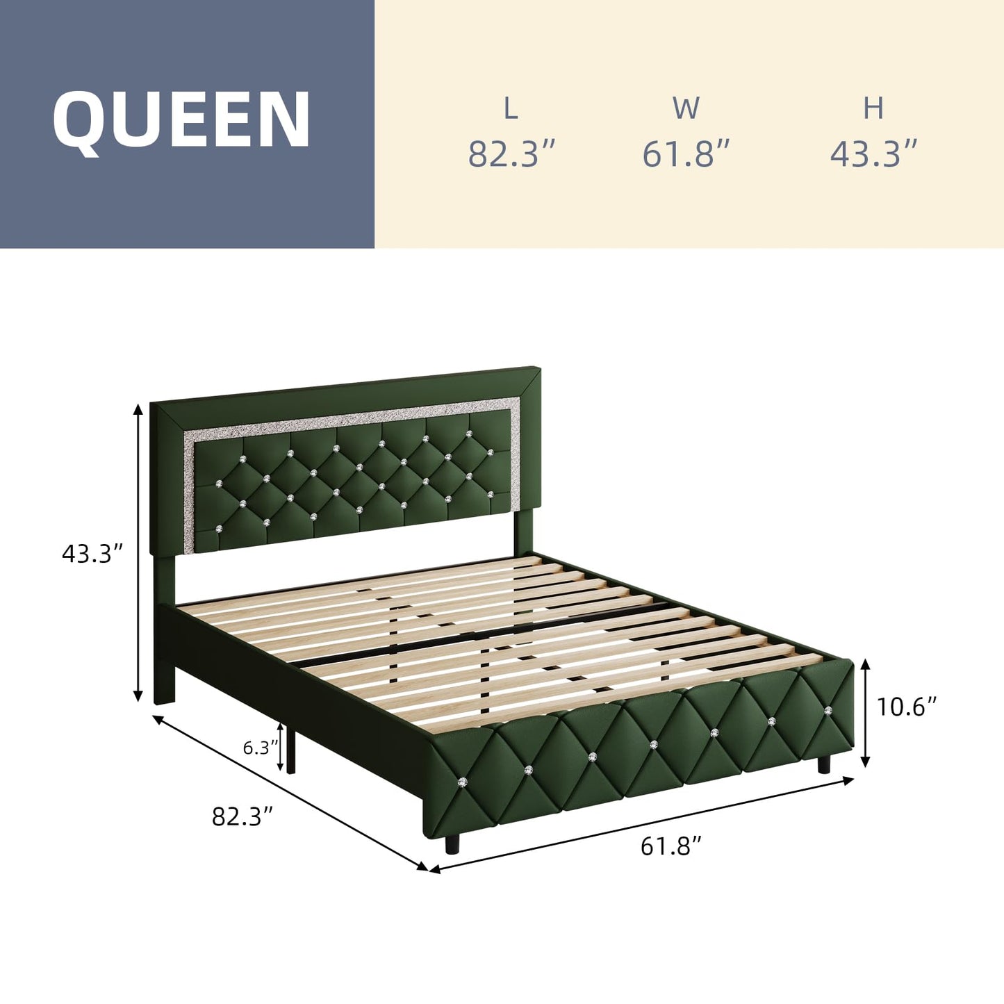 BarnFurin Queen Size Bed Frame with Headboard, Faux Leather Upholstered Bed with Diamond Tufted Design, Modern Bed Frame with Wooden Slats Support, No Box Spring Required, Easy Assembly, Green