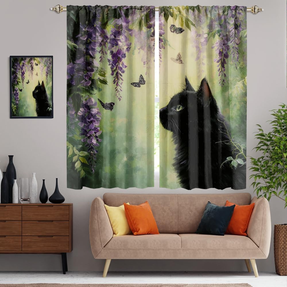 XSUPFLYM Cute Beautiful Spring Cat Window Thermal Curtain for Living Room Colorful Rustic Animals Black Cat Butterflies Plant Lilac Flowers Patt Blackout Curtains for Bedroom 2 Panels Each 21"W x 45"L