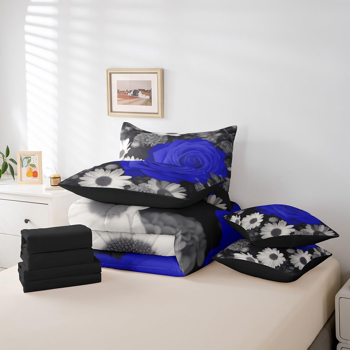 Erosebridal Rose 7 Pcs Comforter Set Full,Blue Grey Black Floral Bed in a Bag with Flat Sheet and Fitted Sheet for Men Women Couple,Romantic Flower Farmhouse Bedding Set with Pillowcase & Sham