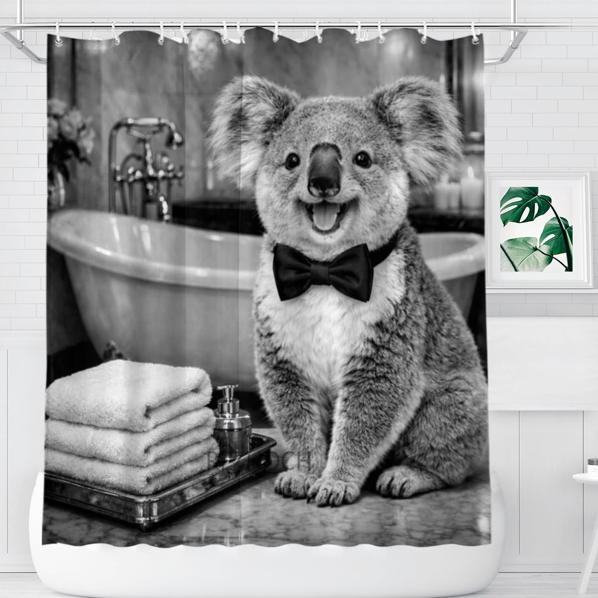 REZHOCH Black and White Shower Curtain 72x72Inch,Fun Koala with Bow Tie Home Bathroom Decor,Animal Luxury Hotel Holiday Waterproof Fabric Modern Bathtub Bath Set with Hooks