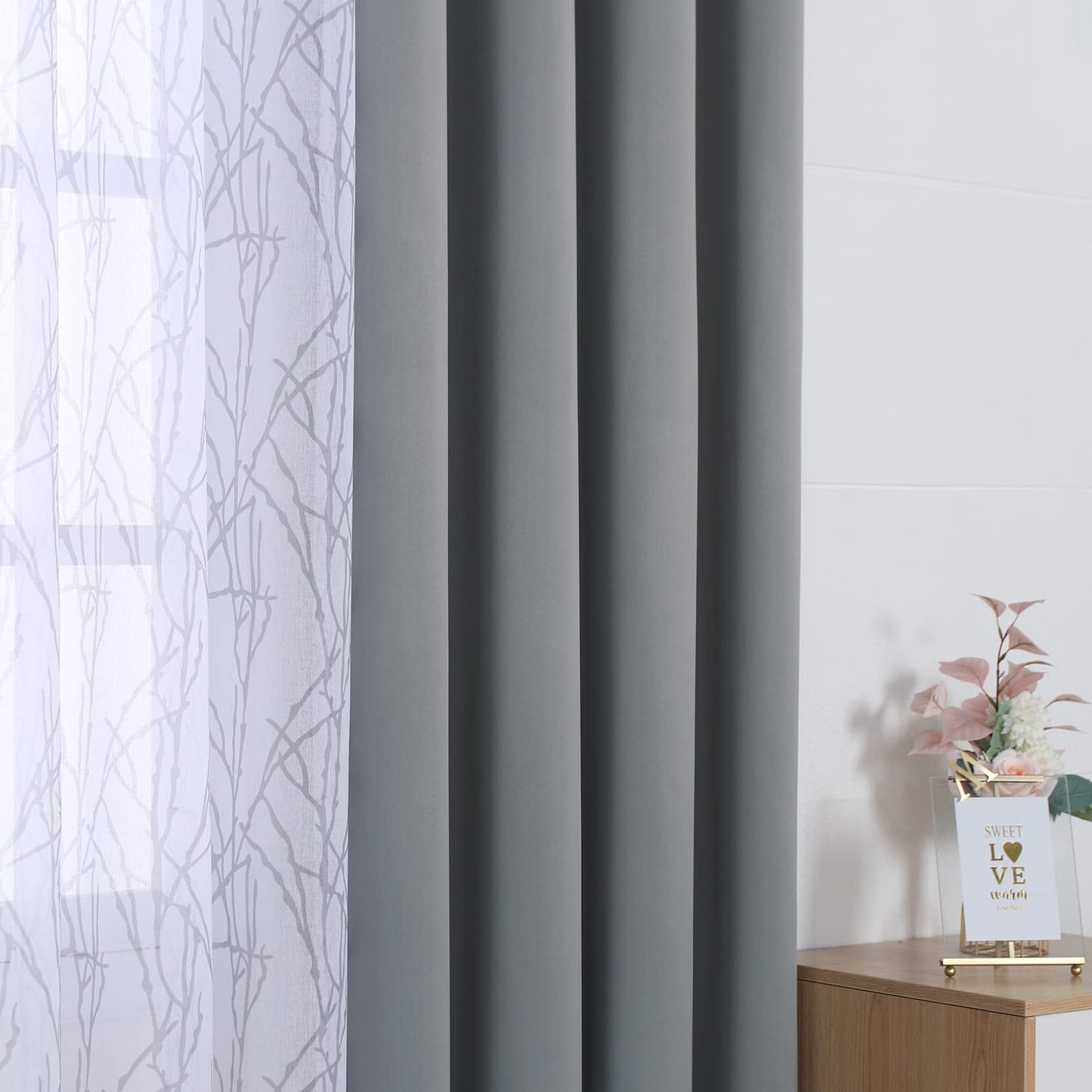 BONZER Mix and Match Curtains - 2 Pieces Branch Print Sheer Curtains and 2 Pieces Blackout Curtains for Bedroom Living Room Grommet Window Drapes, 37x84 Inch/Panel, Light Grey, Set of 4 Panels