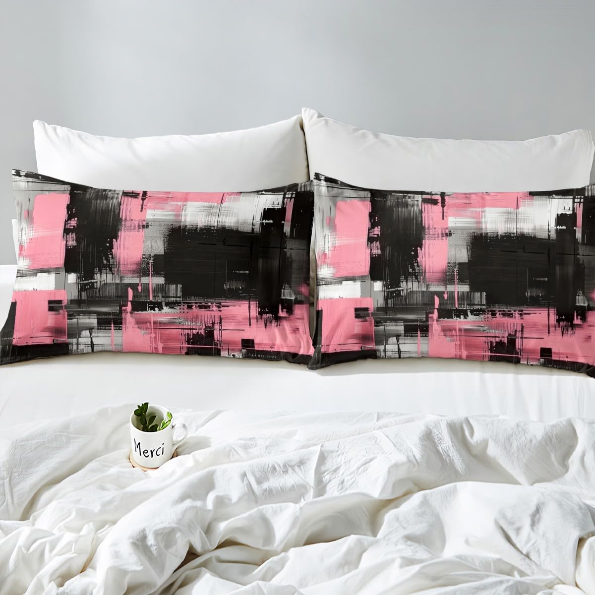 jejeloiu Abstract Fitted Sheet with 1 Pillowcase Twin Size Black Pink Bed Sheets Set 16" Deep Pocket Boys Girls Art Aesthetic Bedding Teens Bedroom Decor Breathable Soft