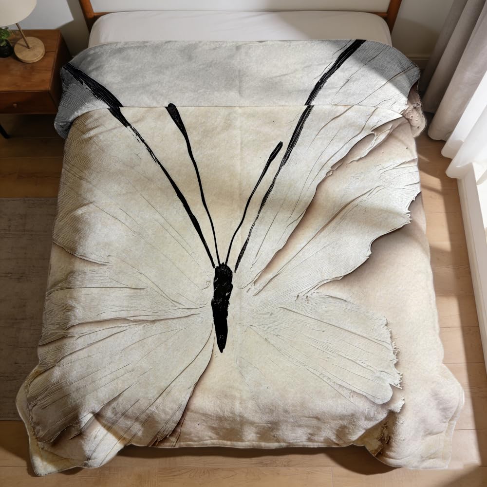 ZHOUSHUTONG Butterfly Throw Blanket Elegant White Butterflies Floral Print Gifts for Women Girls Super Soft Warm Cozy Flannel Blanket for Couch Sofa Bedroom Office Home Decor 49"x59"