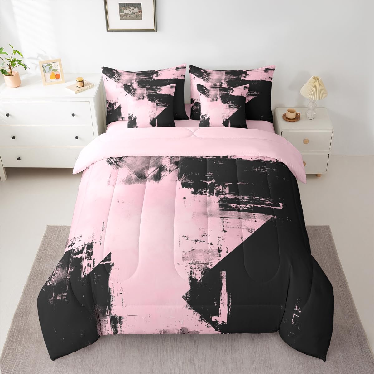 Feelyou Abstract Comforter Set King Size 7 Pieces Modern Abstract Art Bedding Set Luxury Bed in a Bag with Comforter, Sheets, Pillowcases, Cushion Covers Geometric Bedroom Decor Pink and Black