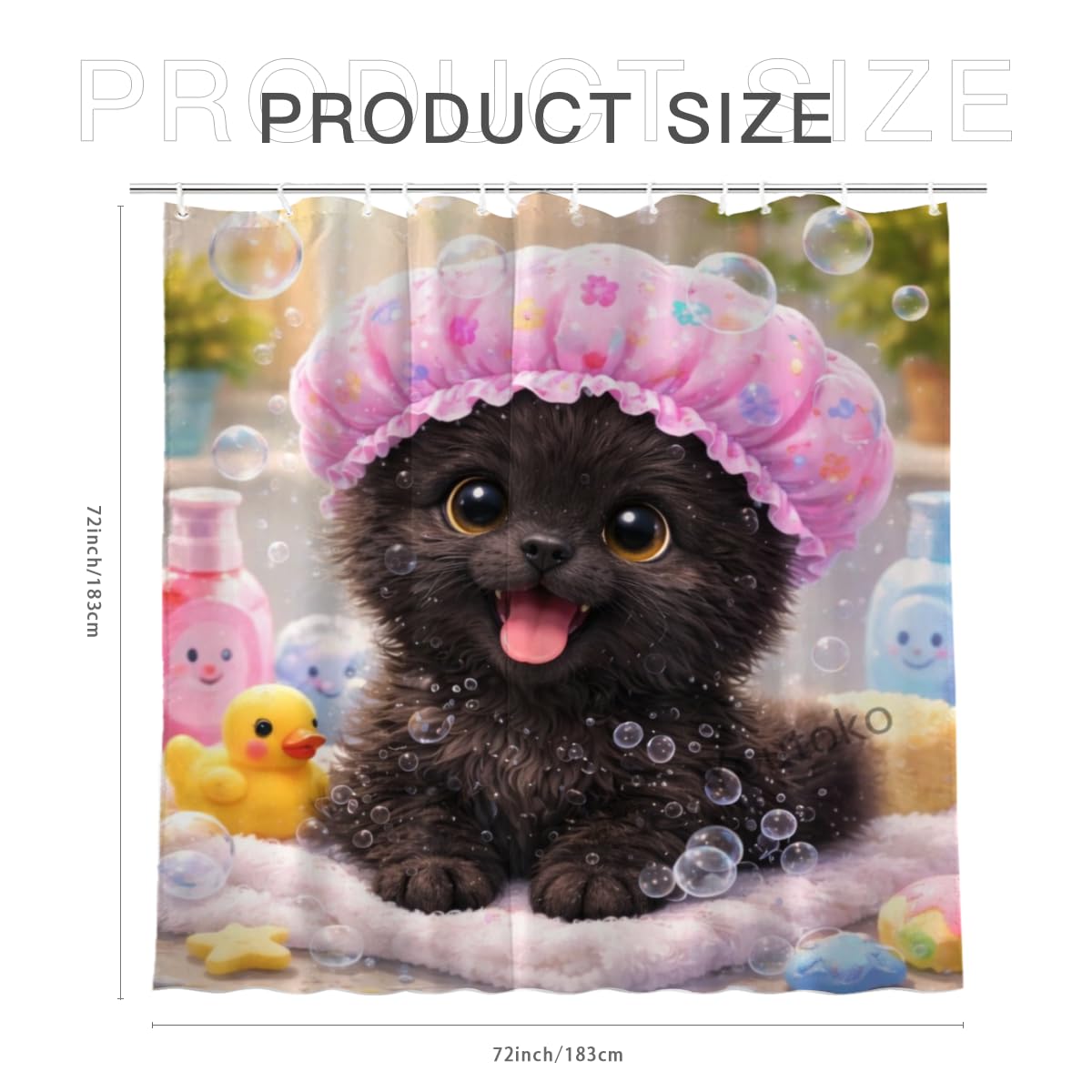 Youtoko Shower Curtain Funny Bath Black Cat Bathroom Decor Bubble Bath Rubber Duck Pink Shower Cap Cute Animal Waterproof Washable with 12 Hooks Polyester 72x72 Inch