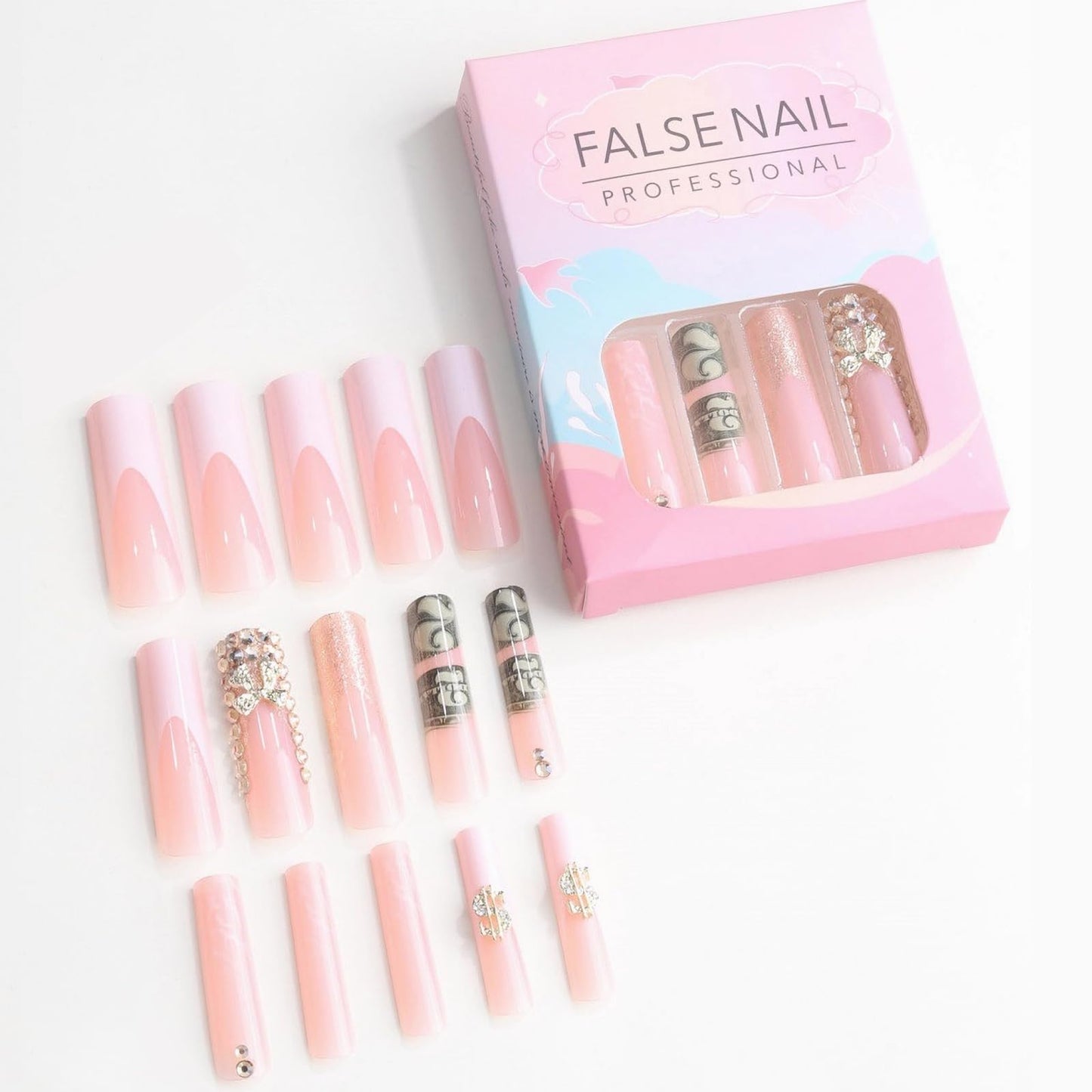 MISUD Press on Nails - Extra Long Square Glue on Nails with French Tip, Acrylic Dollar Money Rhinestone Design 24 pcs