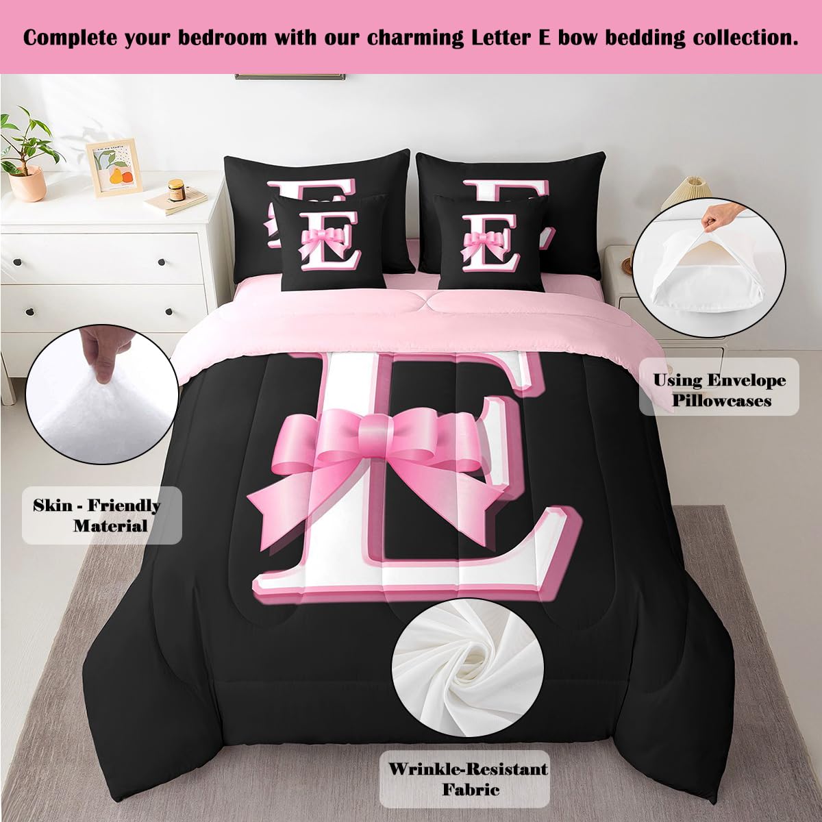 jejeloiu Kids Girls Black Pink Bow Comforter Set with Sheets Twin Size Monogrammed 7 Piece Bedding Set Personalized Initial E Bed in a Bag with Comforter,Sheets,Pillowcases Modern Fashion Bed Set