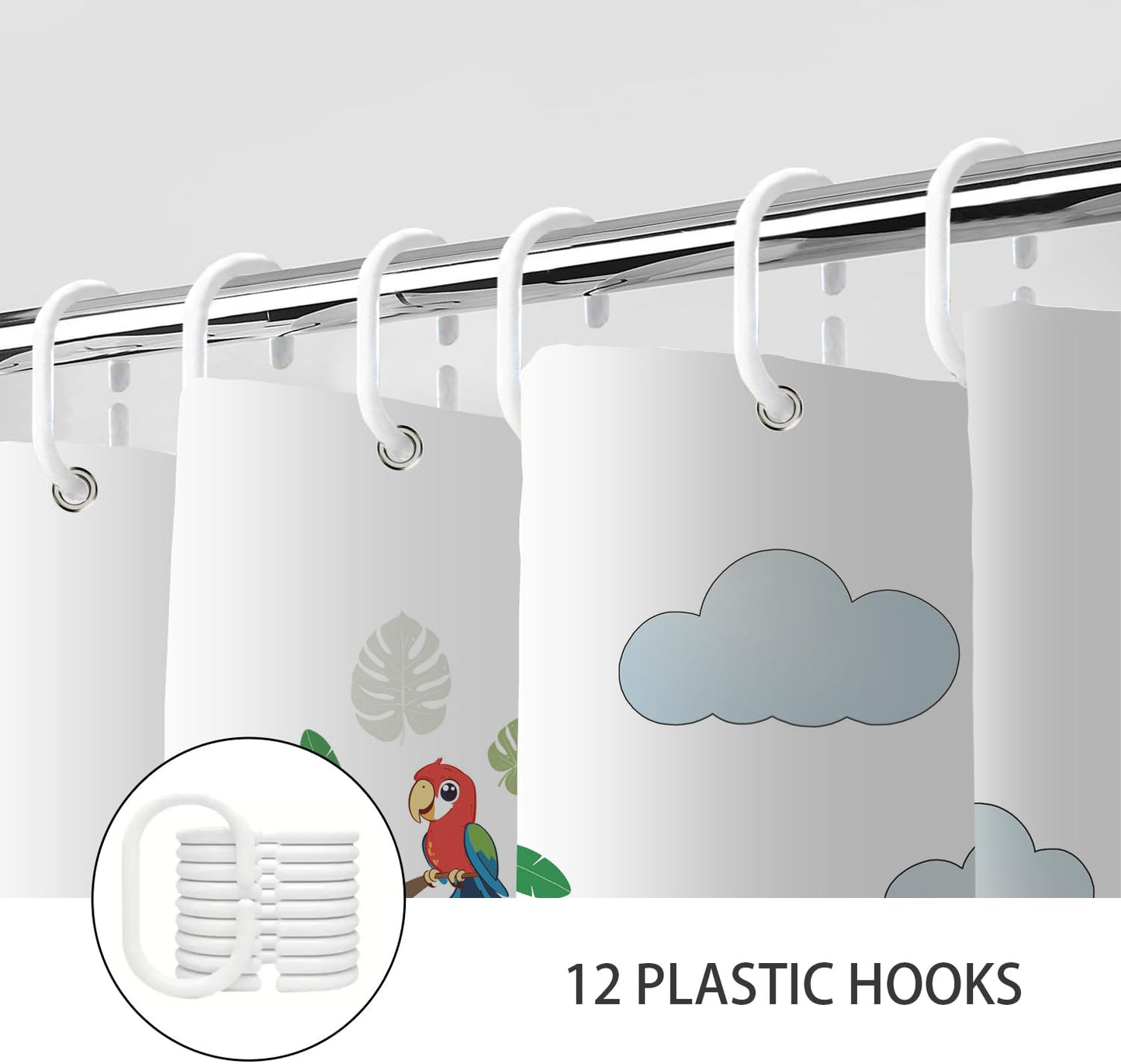 Jungle Animal Kids Shower Curtain, Elephant Lion Giraffe Woodland Safari Shower Curtain Set, Funny Cartoon Animals Educational Fabric Shower Curtain for Bathroom with 12PCS Hooks 72X72IN Green