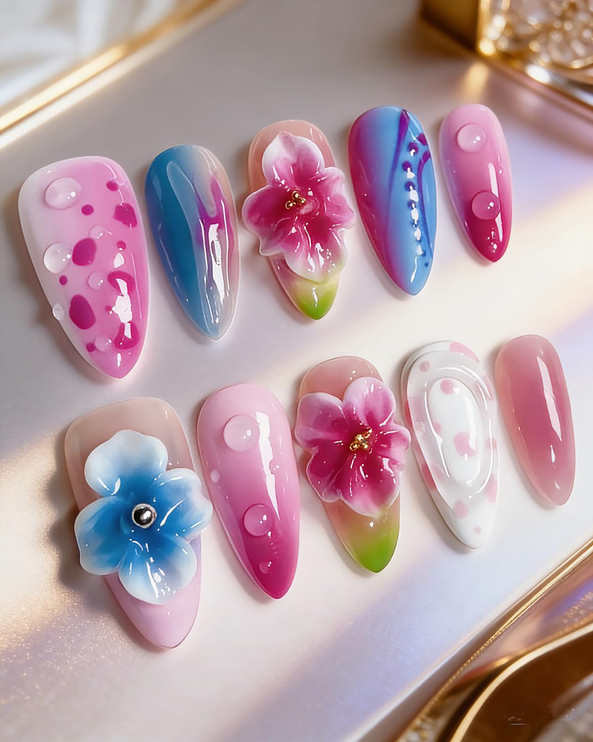 CAMILCY Luxury Handmade Press on Nails Almond Short 3D Floral Glossy Fake Nails Gradient Pink Blue Jelly Glossy Hand painted Reusable Salon Quality Acrylic Nails for Women 10pcs (A147, M)