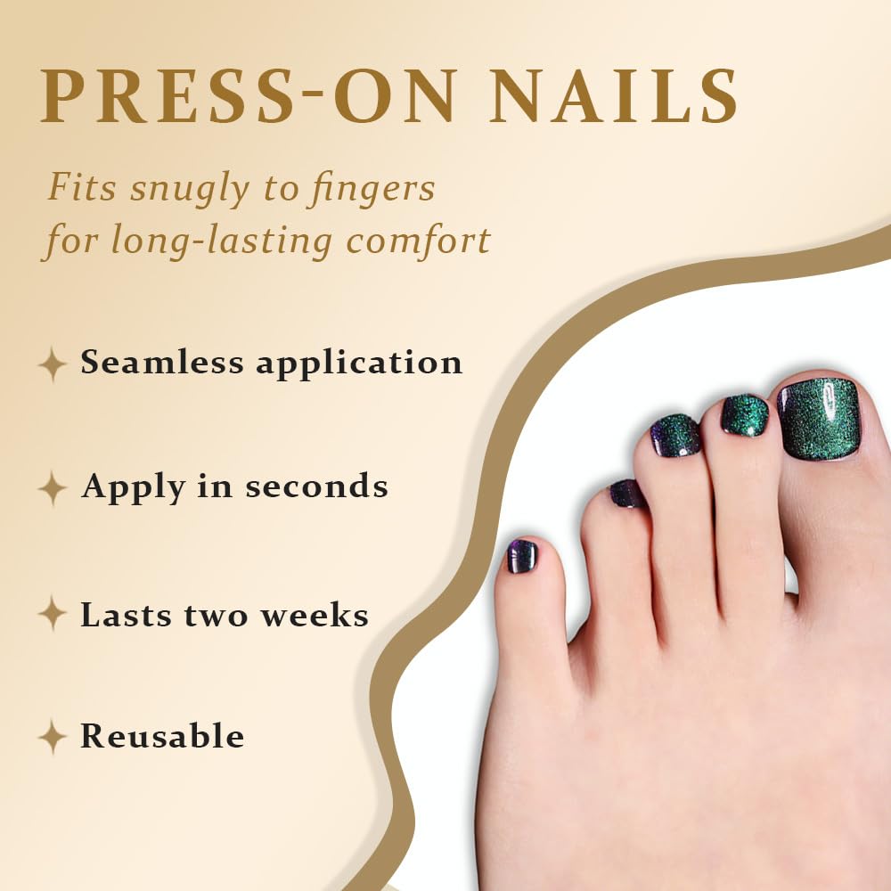 evpct Sapphire Green Cat Eye Press on Toenails for Women, Glossy Glitter Fake Toe Nails Women Girls Gift, Soft Gel Press Stick on Toenail with Kits Perfectly Fit Full Cover Reusable Cateye Toenails