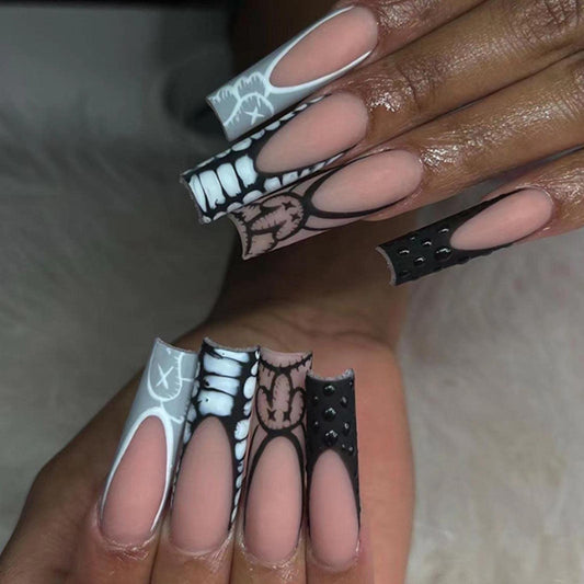 YoYoee French Long Press on Nails Matte Fake Nails Coffin False Nails Acrylic Graffiti Black Stick on Nails for Women and Girls 24PCS