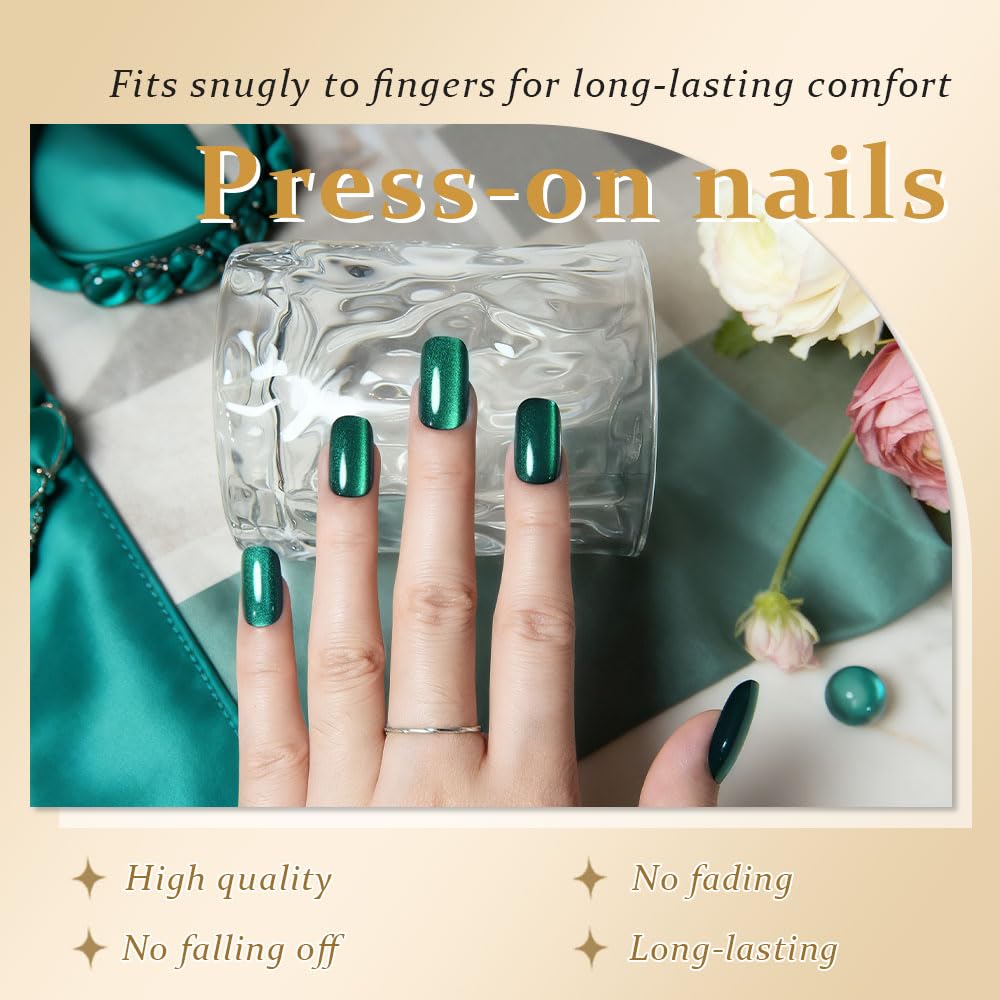 evpct Dark Emerald Green Metallic Cat Eye Press on Nails Square Medium, Stick on Nails Medium Length Square for Women, Green Metallic Nail press ons, Iridescent Glitter Acrylic Fake Press on Nail