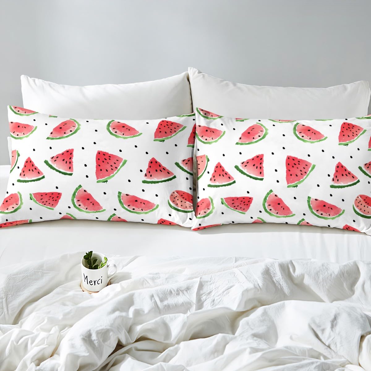 Feelyou Watermelon Bedding Set Kids Boys Girls Delicious Fruit Print Fitted Sheet Watermelon Seeds Bed Sheet Set Cool Summer Bed Cover,Room Decor 3Pcs Sheets Full Size