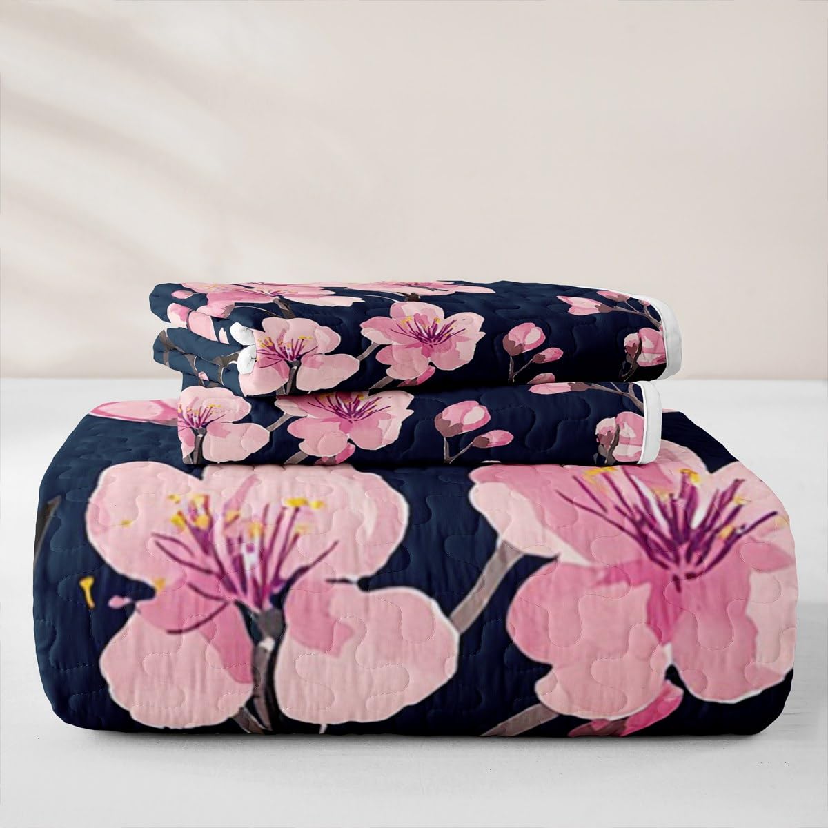 Erosebridal Girl Cherry Blossoms Quilt Set Queen Japanese Style Quilt Pink Flowers Bedding Coverlet Branches Plant Floral Bedspread