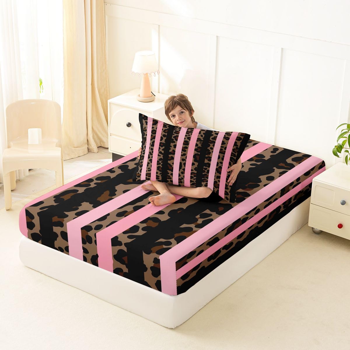jejeloiu Brown Leopard Print Fitted Sheet with 1 Pillowcase Twin Size Abstract Bed Sheets Set 16" Deep Pocket Boys Girls Leopard Stripes Bedding Teens Bedroom Decor Breathable