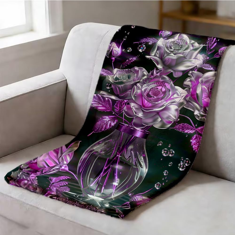 ZHOUSHUTONG Purple Silver Rose Floral Flannel Throw Blanket, Soft Cozy Warm Plush Blankets for Couch Bed Sofa, Elegant Flower Print Decorative Blanket, Gift for Women Girls 49"x59"
