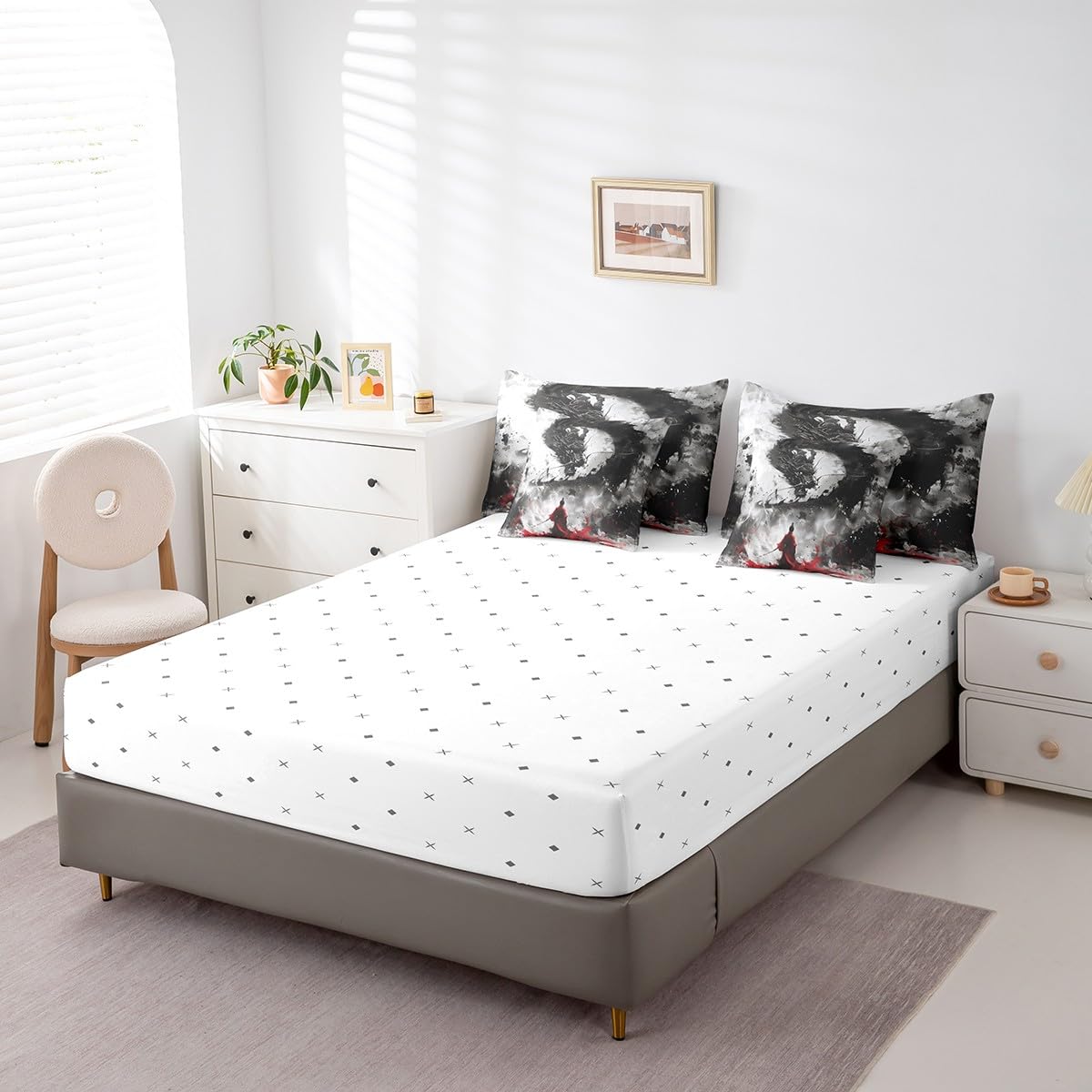 Homewish 7 Pieces Dragon Samurai Comforter Set Queen,Ink Painting Bed Set for Kids Boys Girls,Japanese Style Bedding(1 Comforter,1 Fitted Sheet,1 Flat Sheet,2 Pillowcases,2 Throw Pillow Cover)