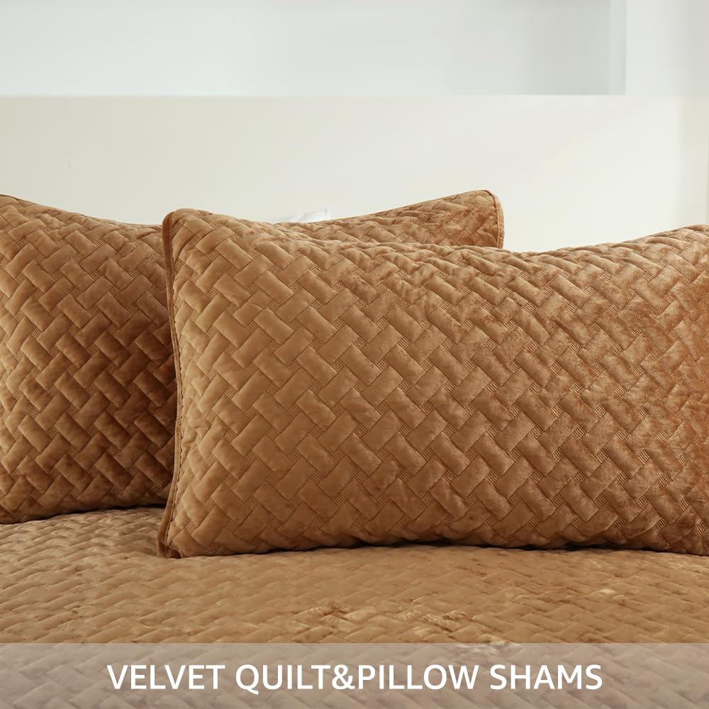 Liians Velvet Bedspread Quilt Bedding Sets,Luxury Elegant Ultra Soft Velvet Comforters Coverlet Blankets,Weave Stitching Pattern Cotton Quilted Bedspread for All Seasons,Taupe,King Size