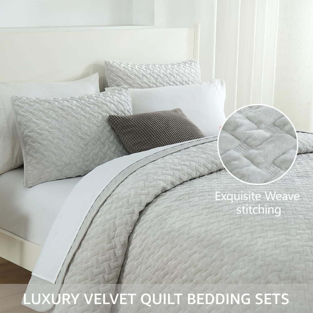 Liians Velvet Bedspread Quilt Bedding Sets,Luxury Elegant Ultra Soft Velvet Comforters Coverlet Blankets,Weave Stitching Pattern Cotton Quilted Bedspread for All Seasons,Beige,King Size