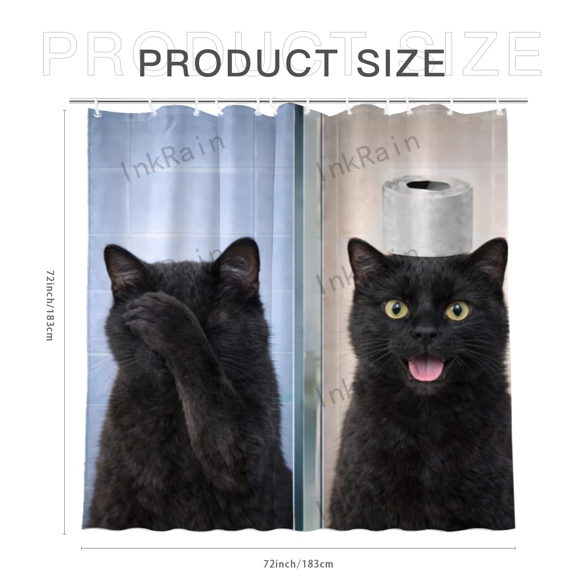 InkRain Black Cat Shower Curtain 72x72 Inch, Funny Animal Toilet Humor Bathroom Decor, Cute Black Cat Bath Curtain, Humor Bathroom Decor with 12 Hooks