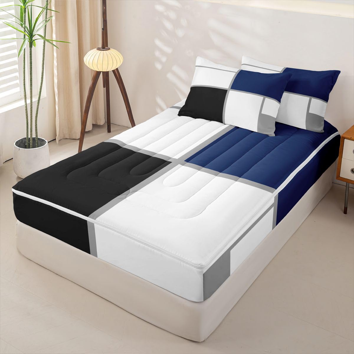 Erosebridal Zippered Bedding Set Twin for Adults Teens Black and White Abstract Comforter Set Navy Blue Striped Grid Bed in a Bag for Minimalist Modern Art Patchwork Zipper Quilt Fitted Sheet