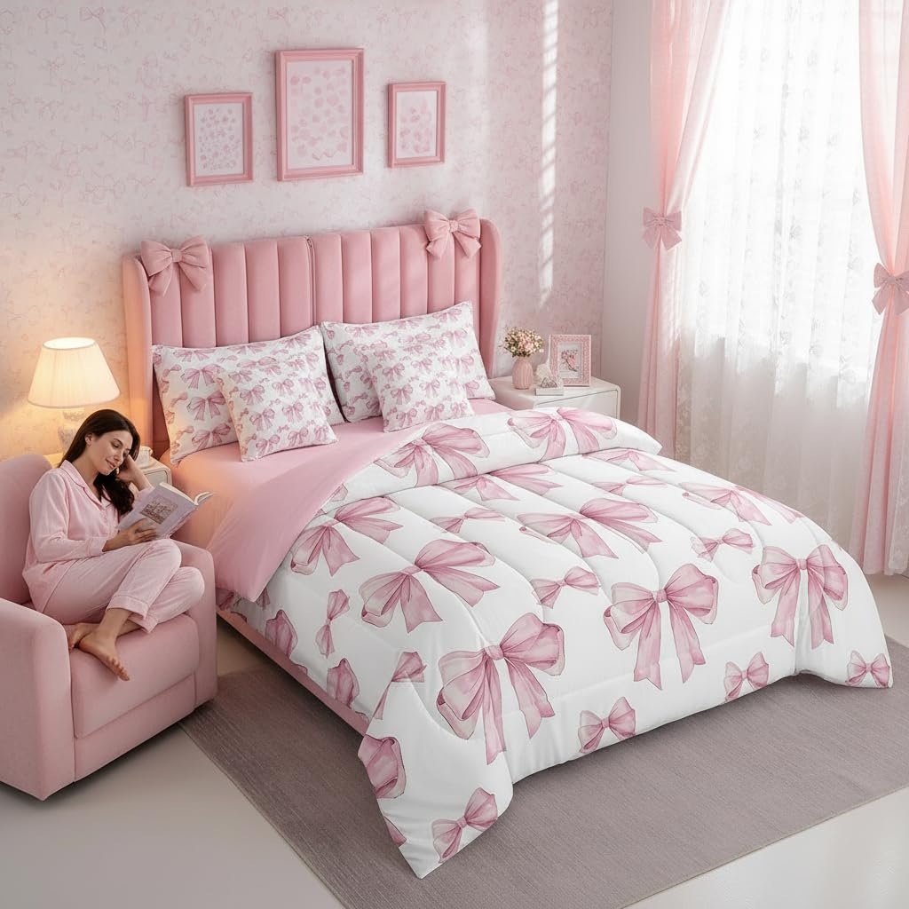 Erosebridal 7 Piece Pink Bowknot Kids Comforter Set King Bed in a Bag,Dreamy Princess Style Kids Girls Bedding Set for Women,Girly Bow Tie Bed Set,Romantic Valentine's Day Sheet Set Reversible Quilt