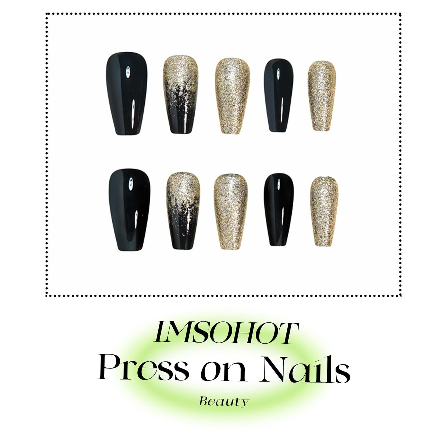 IMSOHOT Golden Glitter Press on Nails Long Coffin Fake Nails Black Glossy Glue on Nails Full Cover Acrylic False Nails with Sparkly Gradient Designs 24Pcs