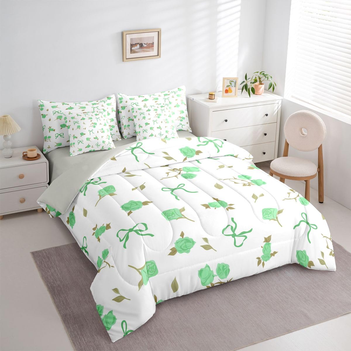 Erosebridal Coquette Bowknot 7 Piece Bedding Set Full Girly Bow Tie Comforter Set with Sheets Bowtie Rose Floral Bed in A Bag Kawaii Bow Decor Bed Sets with 2 Pillowcases, 2 Throw Pillow Covers