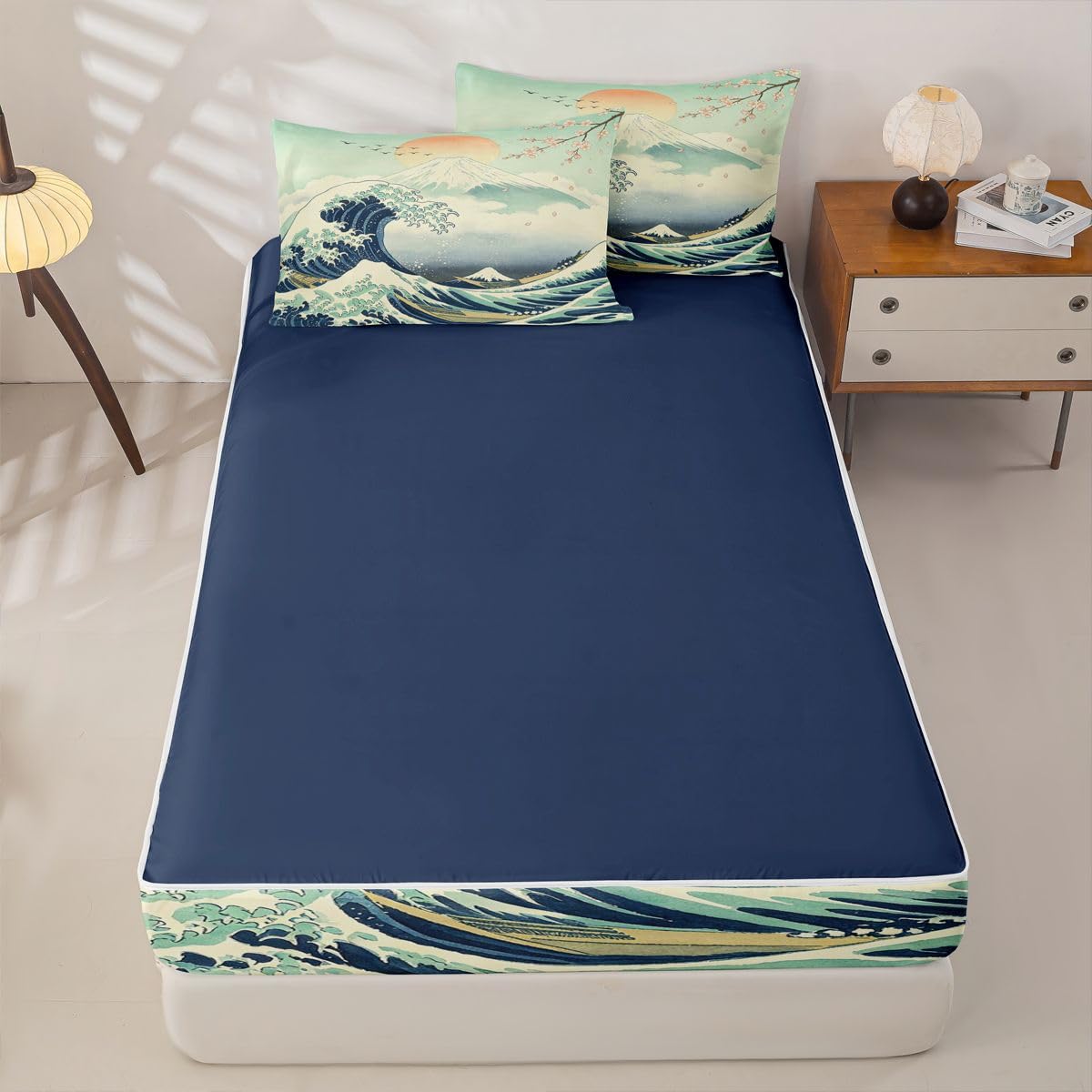 Feelyou Japanese Wave Comforter Set Full Size Zipper Bedding Set for Girls Boys Anime Comforter with Fitted Sheet, Pillowcases Japan Zipper Bedding Soft Breathable Bed in a Bag