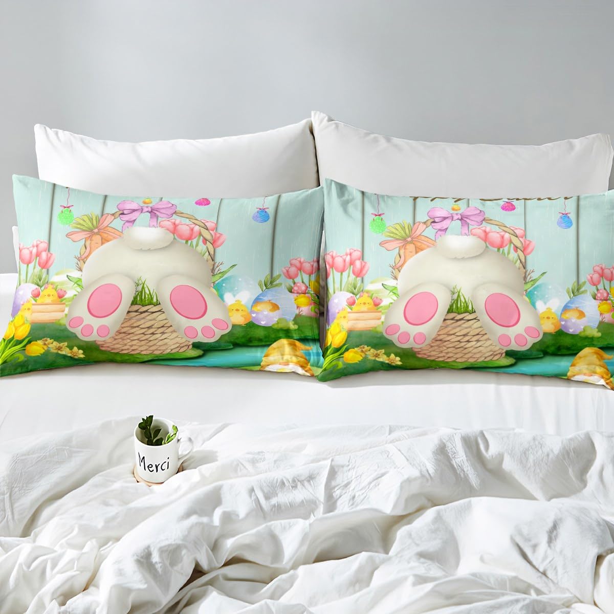 Erosebridal Easter Eggs Duvet Cover Easter Bedding Set,Rabbit Tail Comforter Cover Cute Rabbit Pet Animal Quilt Cover Queen Size Kawaii Greetings and Presents for Easter Day,Easter Baskets for Kids