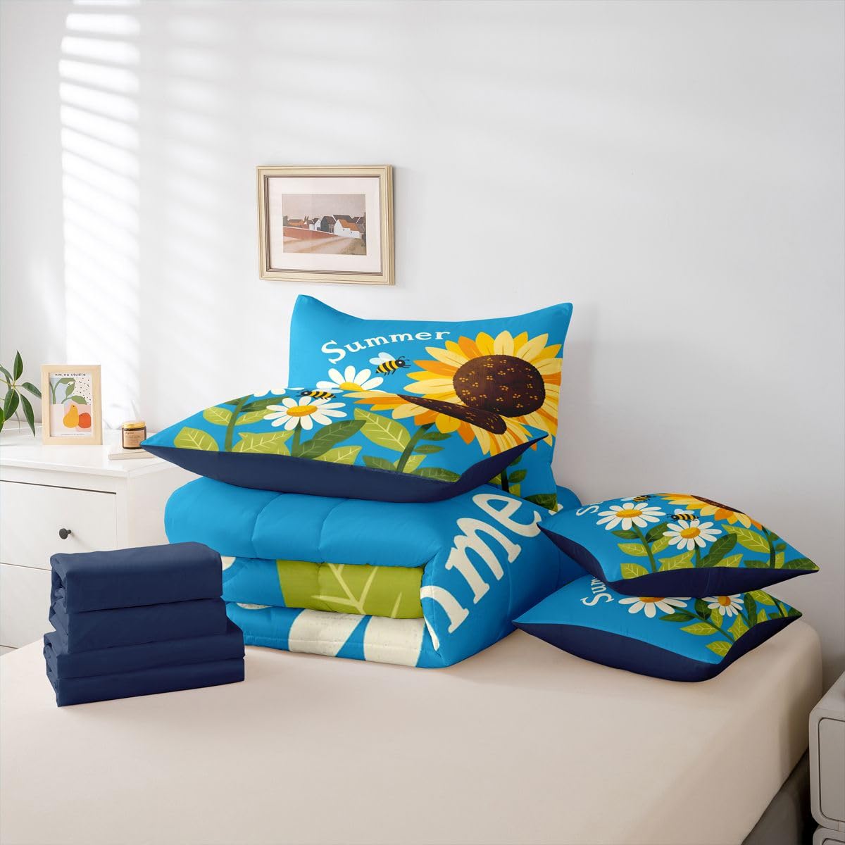 Erosebridal Sunflower Bee Queen Bedding Set Blue Yellow Green Cartoon Daisy Comforter Set Kids Boys Girls Vibrant Summer Floral 7-Piece Bed in a Bag Cheerful Garden Art Quilt Sets