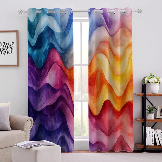 Bright Colorful Waves Blackout Curtains, Multi Colored Pattern 3D Printed Top Grommet Drapes, 2 Panel Energy Efficient Thermal Insulated Drapes for Living Room Kids Bedroom(52" W x 84 "L)