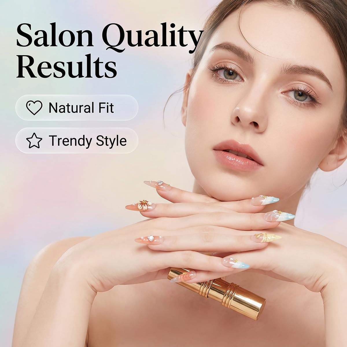 10pcs Handmade Press on Nails Long Stiletto False Nails Blue Fake Nails with 3D Flower Designs Sparkly beach Charm luxury Summer Artificial Nails for Women (Size M）