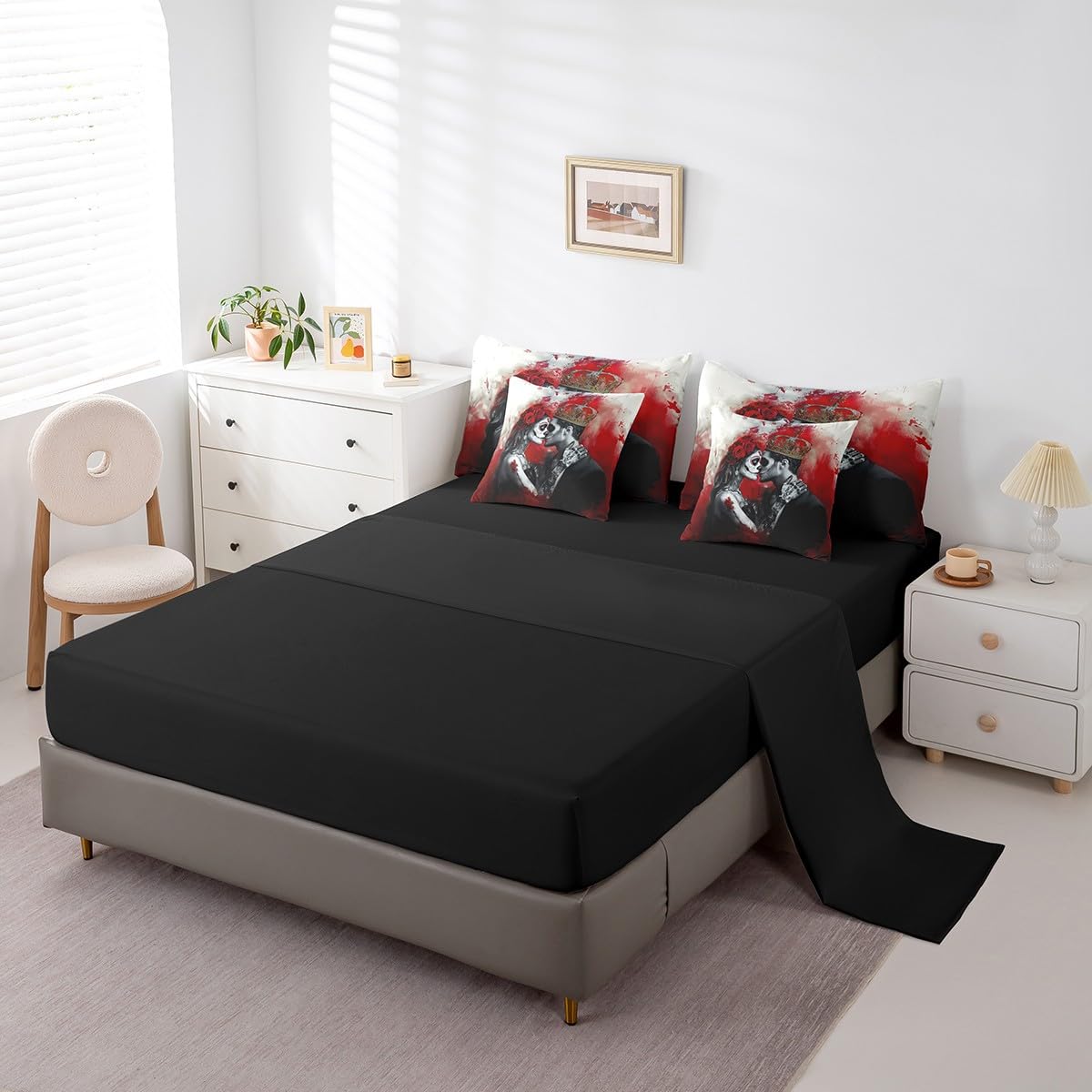 Erosebridal 3D Couple Skull Bedding Set King Size,Romantic Gothic Lover Comforter Set,Valentine's Day (Comforter+Fitted+Flat Sheet+2 Pillowcases+2 Throw Pillow Covers) 7 Pieces Blood Print Bed Set