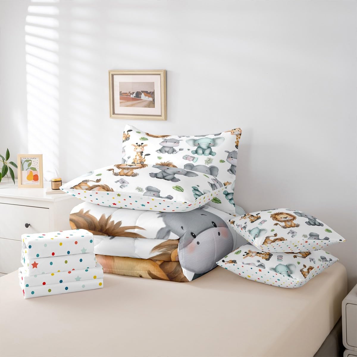Erosebridal Cartoon Animals 7 Piece Comforter Set Twin for Nursery Child Bedroom | Cute Lion Elephant Hippo Bedding Set Tropical Bed Set Palm Tree Leaves Bed Sheets Kawaii Zoo Wildlife Quilt