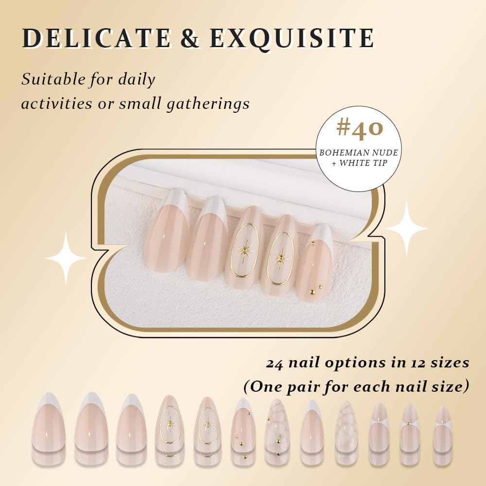evpct 3D French Press on Nails Medium Almond No Glue with Bohemian Stars Design, White Tip Glossy Stick on Nails for Women with Kit, Reusable Soft Stick on Fake Nail with French Design Perfectly Fit