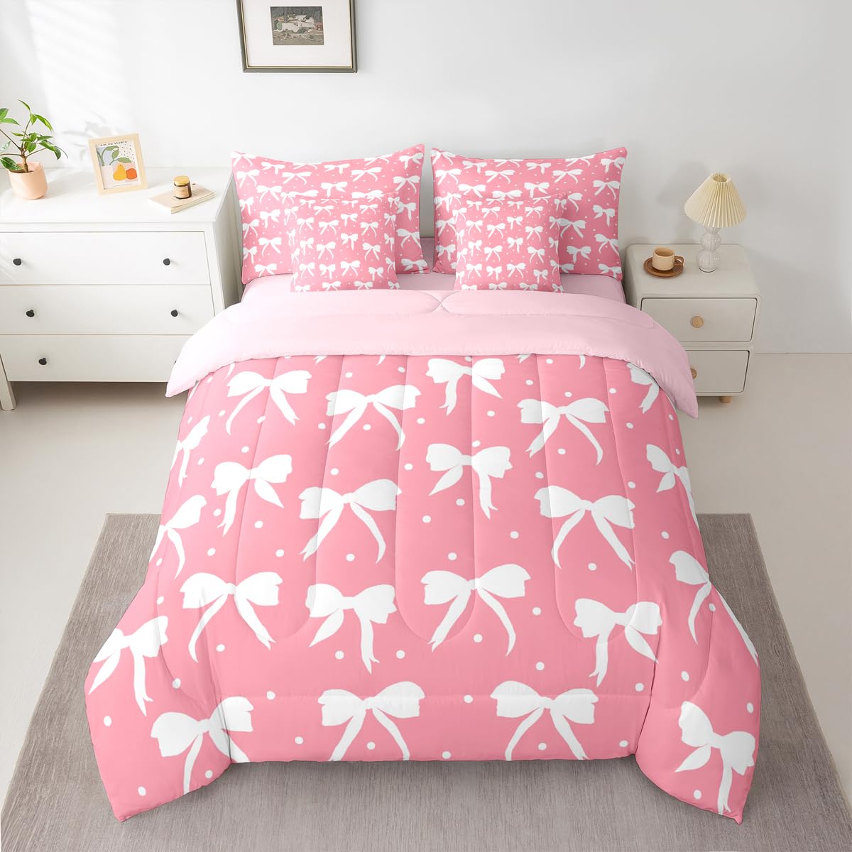 Feelyou Bow Comforter Set with Sheets 7 Piece Queen Size Cute Bowknot Bedding Set for Kids Boys Girls Princess Style Bed in a Bag Pink and White Room Decor Kawaii Soft Lightweight Microfiber